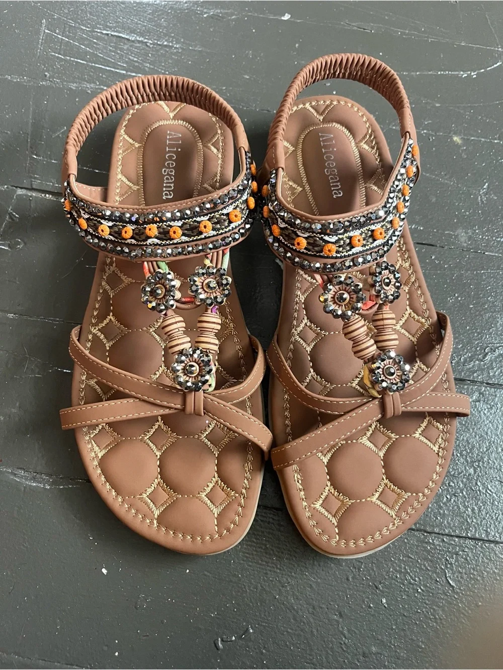 Brown Beaded T-Strap Slingback Sandals